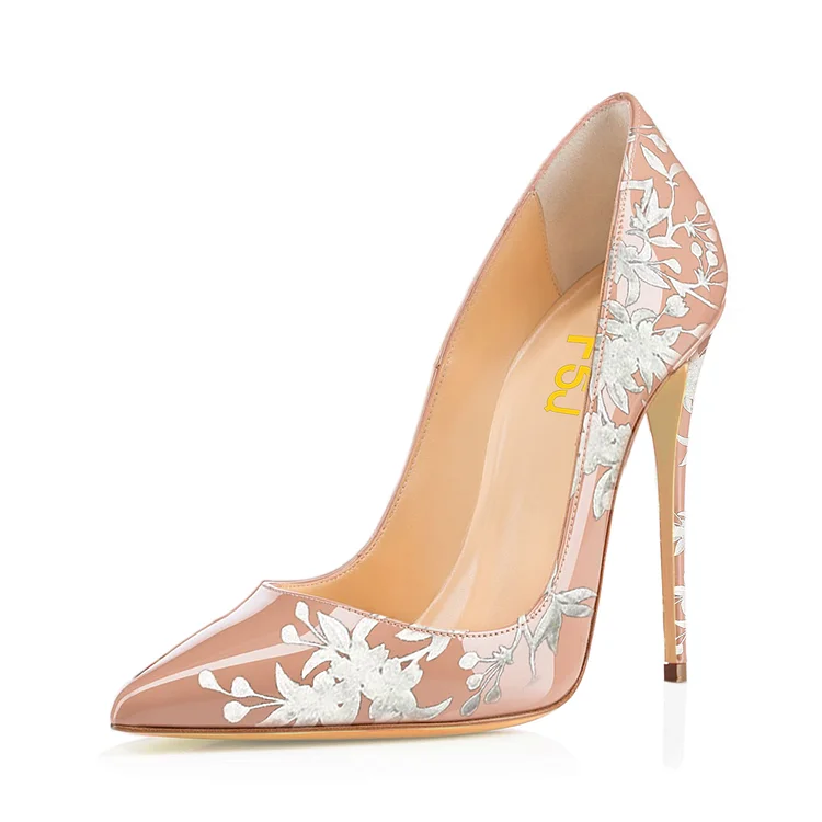 Women's Pointy Toe Floral Heels Pencil Heel Pumps |FSJ Shoes
