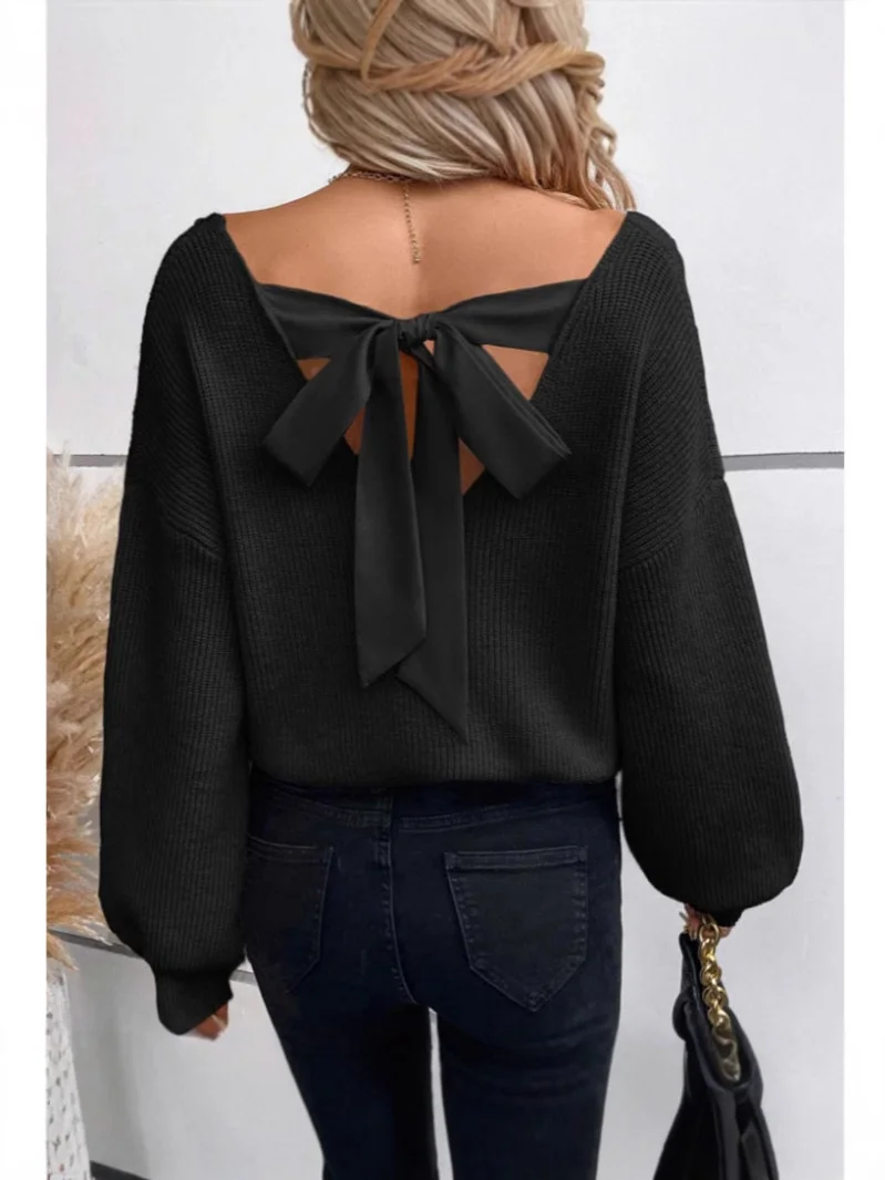Athvotar Athvotar Women's V-Neck Solid Color Sweater Autumn New Long-Sleeved Casual Loose Bow Top Woman