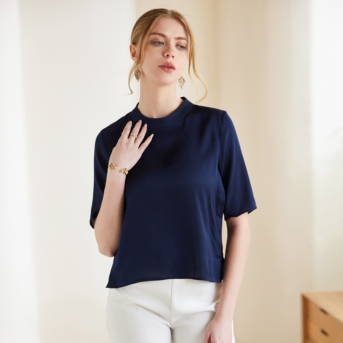 Silk Shirt Solid Color U-Neck Pullover REAL SILK LIFE