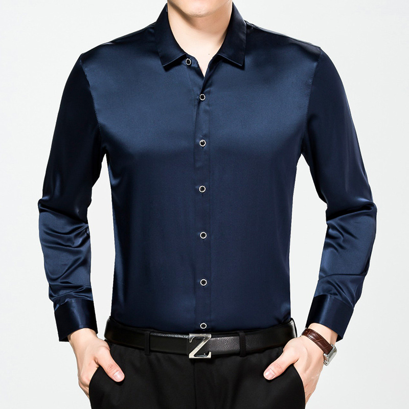 Navy Blue Basic Long Sleeves Silk Shirt