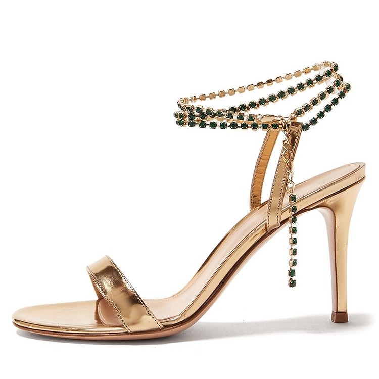 Gold Ankle Strap Sandals Chains Stiletto Heel Sandals |FSJ Shoes