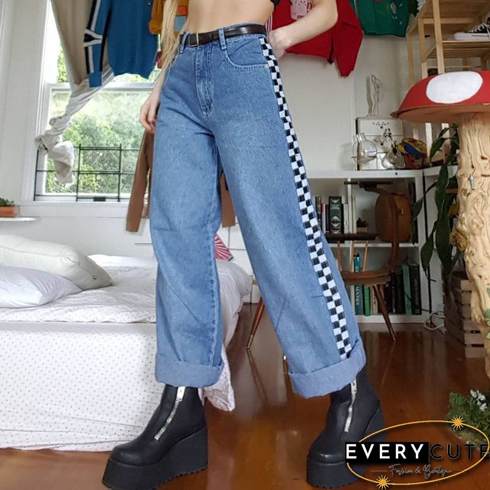 Women's Casual Color Matching Black And White Plaid Print Trousers