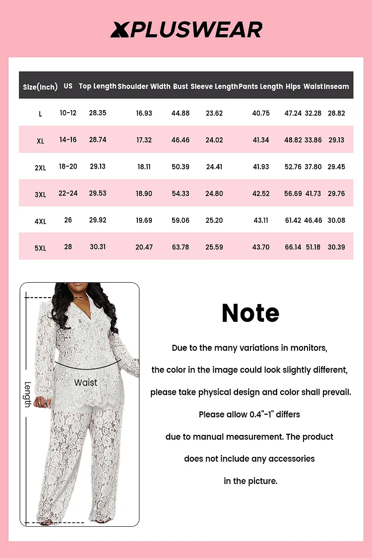 Plus Size Formal White Lapel Collar Long Sleeve See Through Lace Two Piece Pant Suits