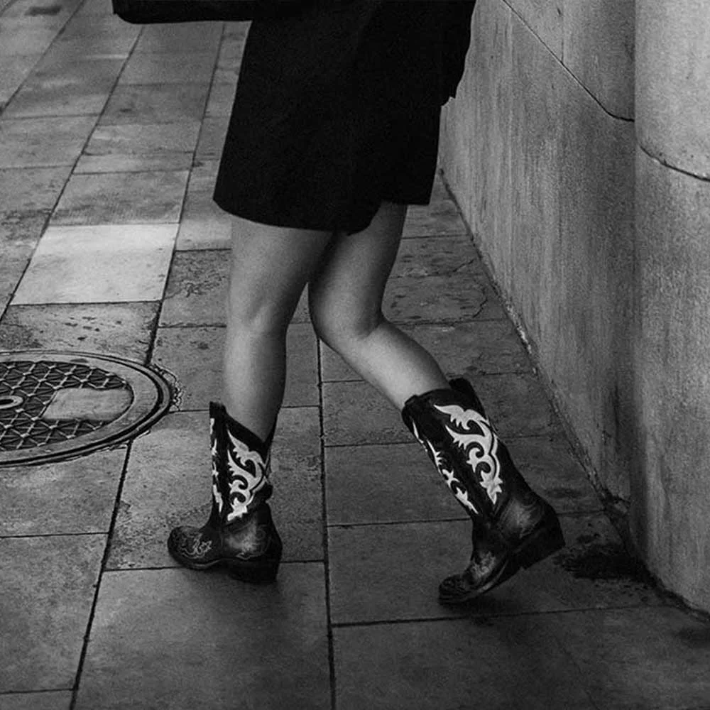  Patchwork Pattern Chunky Heel Round Toe Black Cowboy Boots for Women