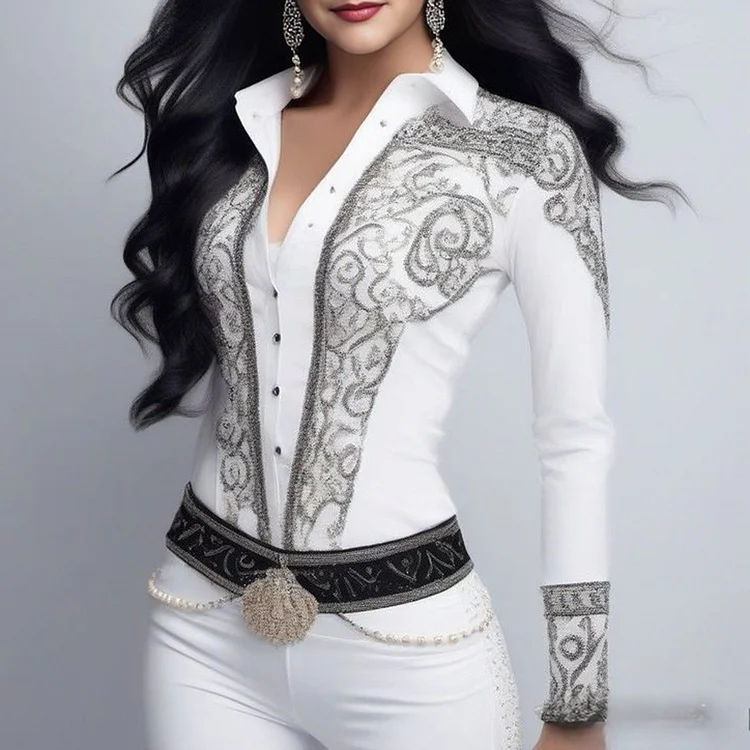 Western Printed Shirt Collar Long Sleeve Button Blouse