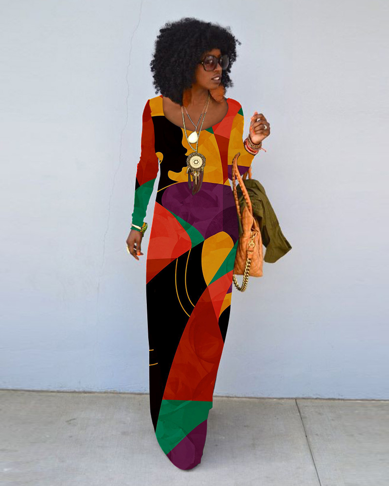 Color Collision Retro Print Crew Neck Long Sleeve Dress