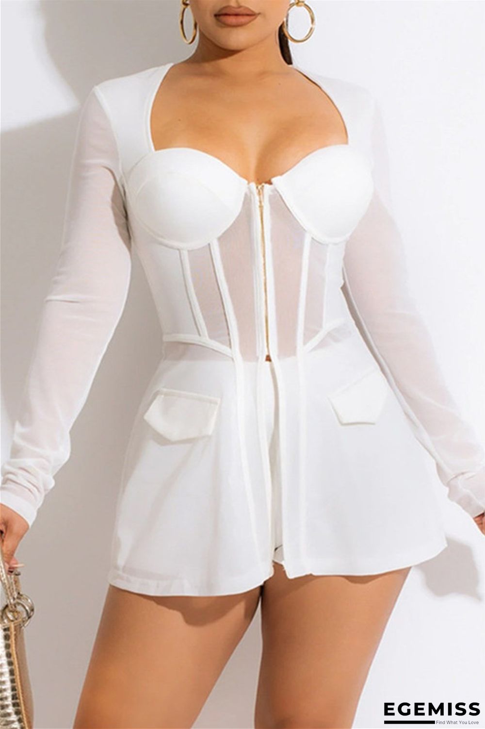 White Fashion Sexy Patchwork See-through Square Collar Long Sleeve Two Pieces | EGEMISS