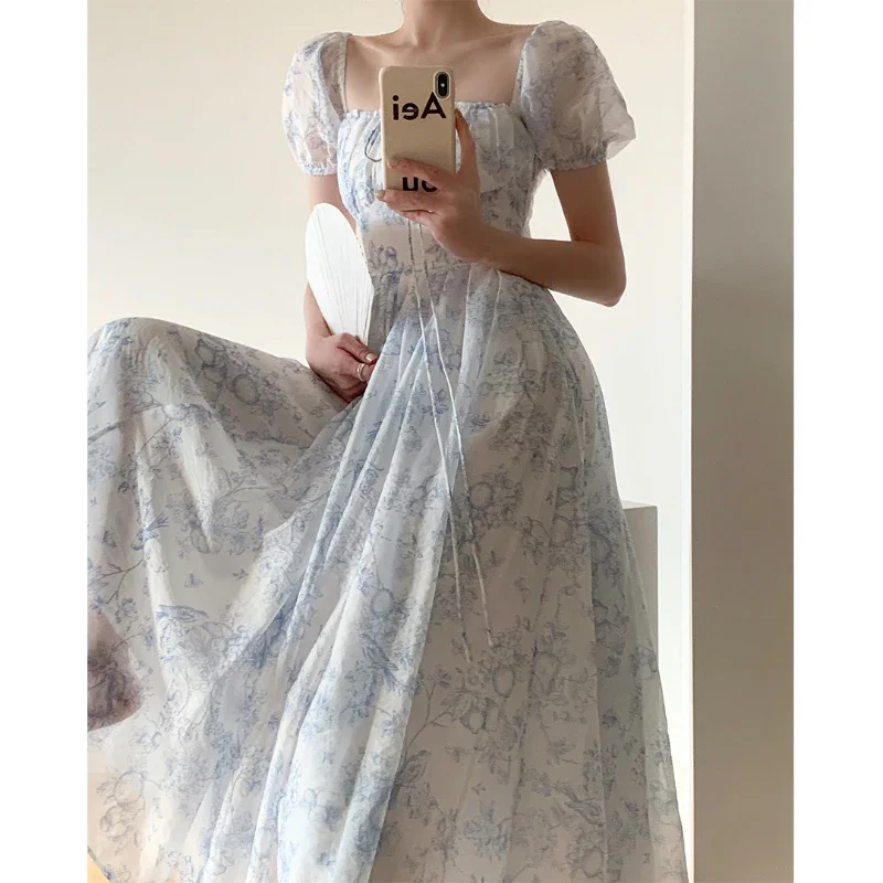 Jangj Spring and Summer New Square Neck Puff Sleeve Floral Dress French Romantic Elegant Fairy Dress Women's Vintage Slim Dress