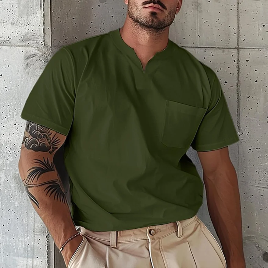 Men's Elastic Cotton Pocket Short Sleeve V-neck T-shirt-inspireuse