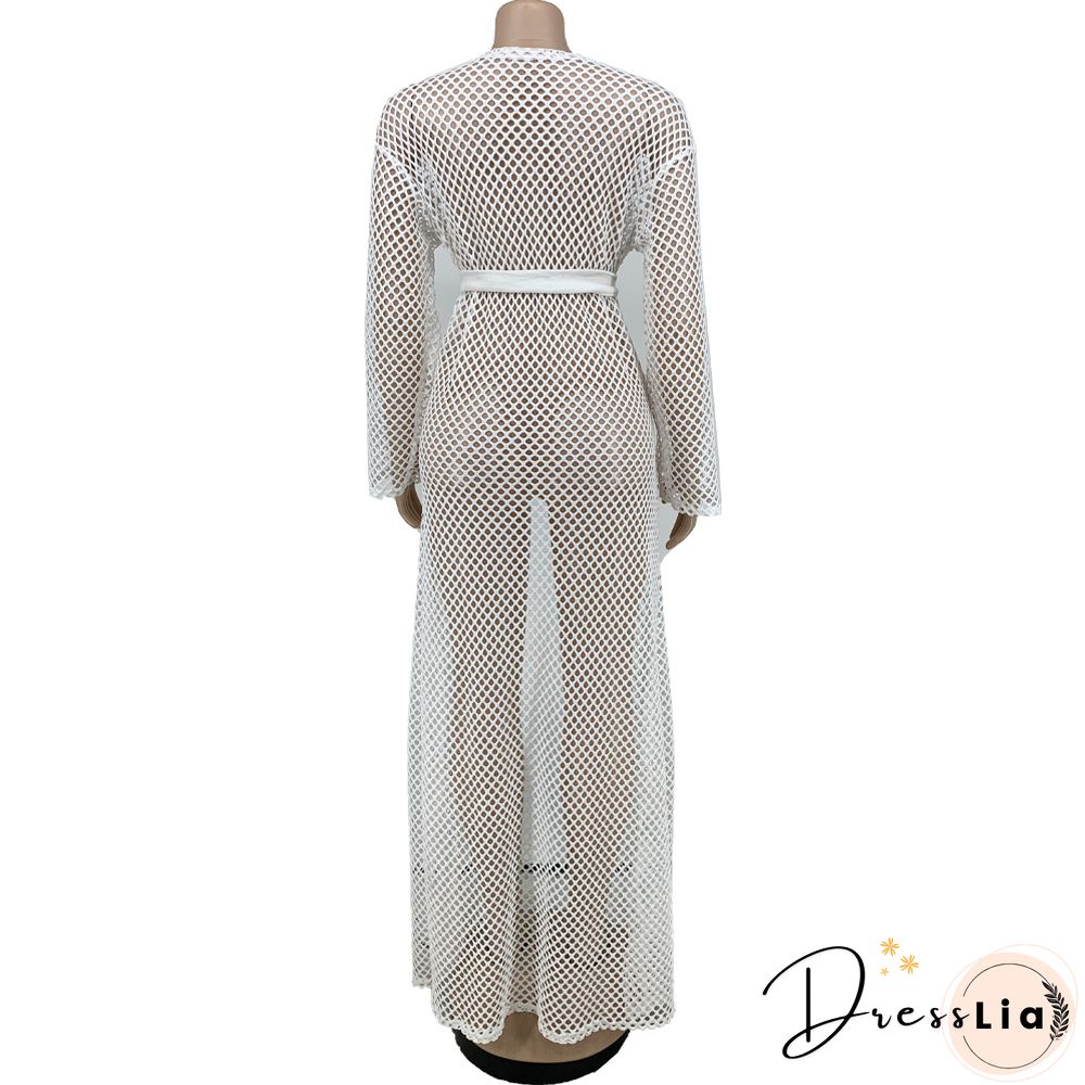 Beachwear Long Sleeve Mesh Grid Cardigan Cover-ups