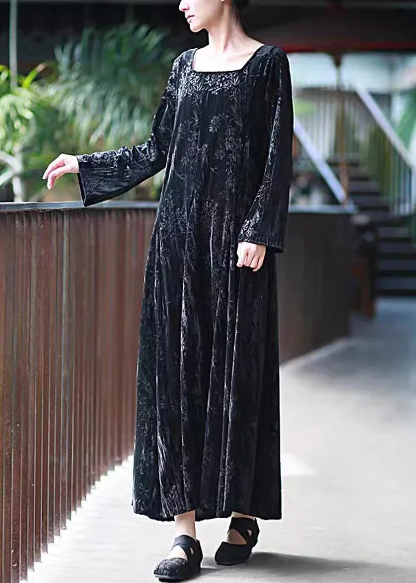 Women Black U Neck Print Velour Long Dresses Fall