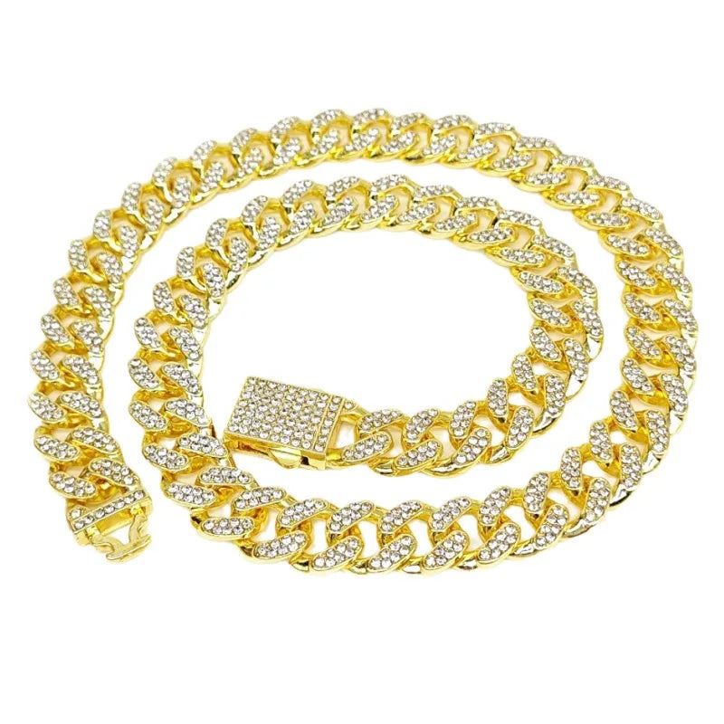 Hip Hop Spring Buckle Snap 12.5mm Full Diamond Large Gold Chain Cuban Chain Necklace Gold Chain Special Sale