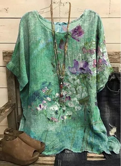 Floral Casual Round Neckline Short Sleeve Blouses