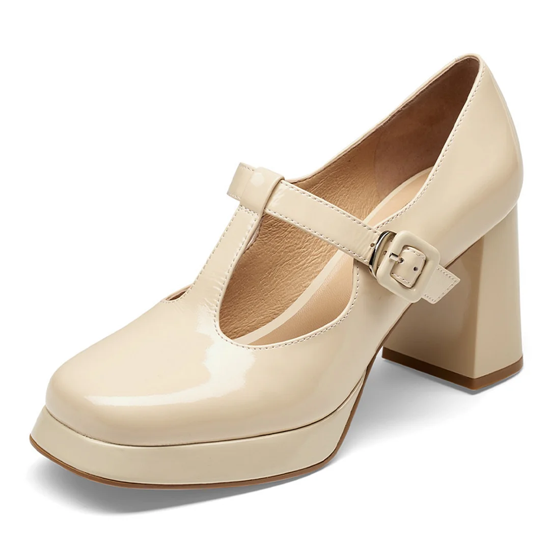 Beige Patent Leather Square Toe Platform Mary Janes with Block Heel