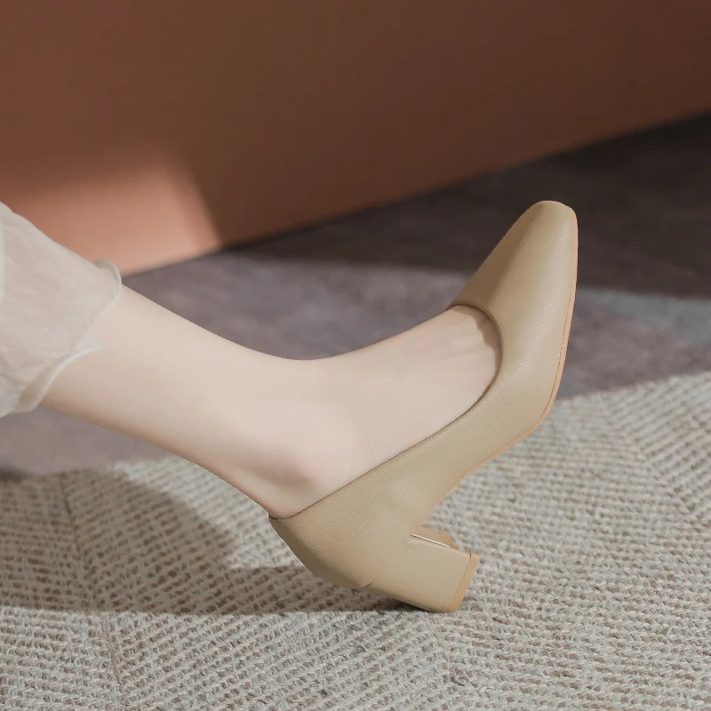 Uveng Uveng Bare-Colored High-Heeled Women's French Temperament Spring Small Square Head Coarse Working Shoes With Skirt Soft Leather Single Shoes