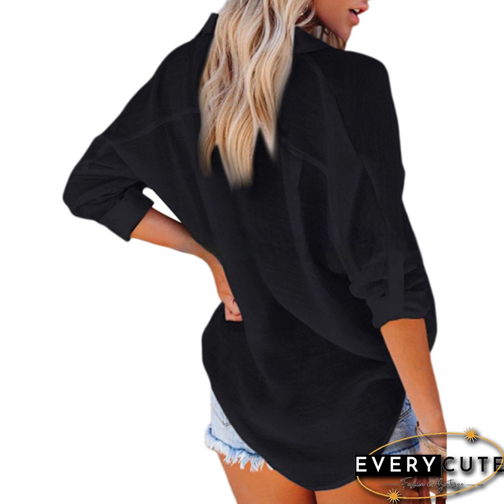 Black Lapel Collar Pocket Button Shirt