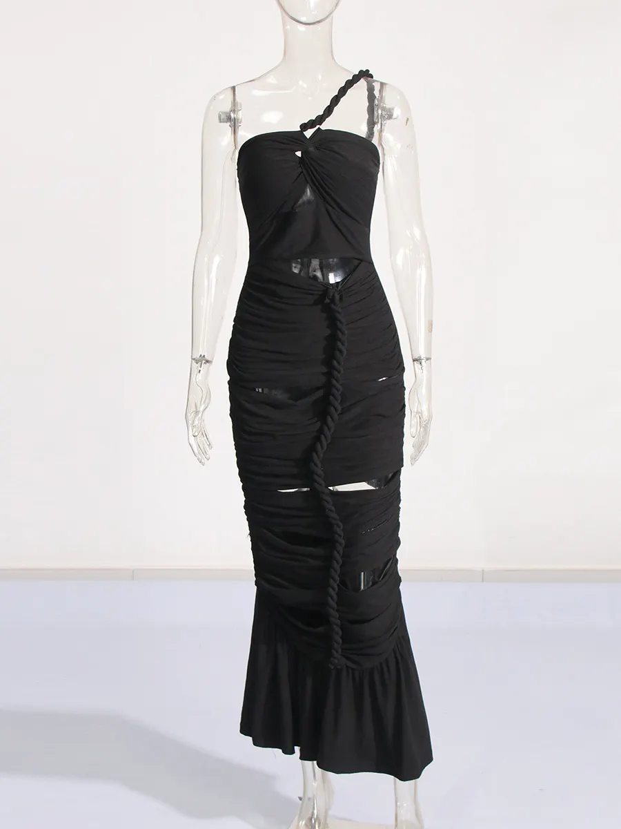 Brownm Spring 2025 New One-Shoulder Hollow Design Folds Slimming Bandages Dress Dress