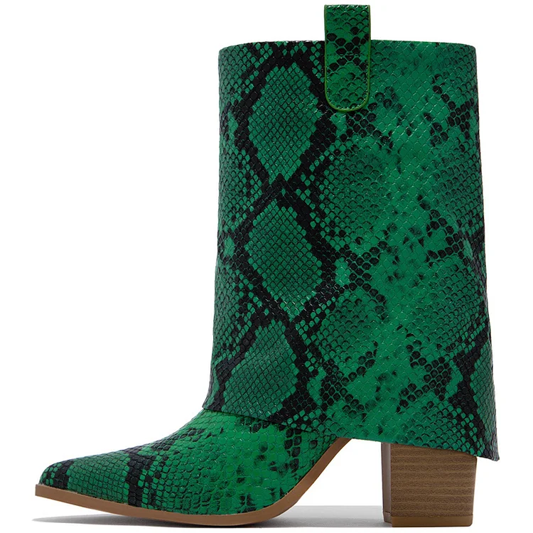 Green Mid Calf Pointed Toe Boots Fold Over Snake Design Sahrk Booties |FSJ Shoes