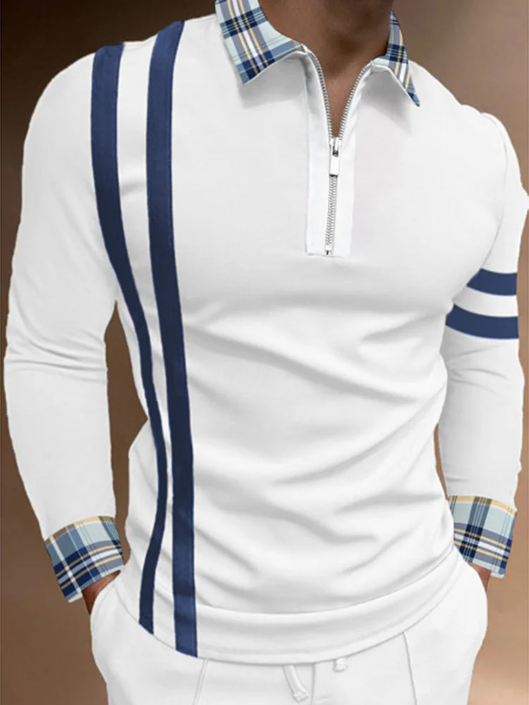 Men's Vintage Stripe Stitching Zipper Casual Polo Shirt