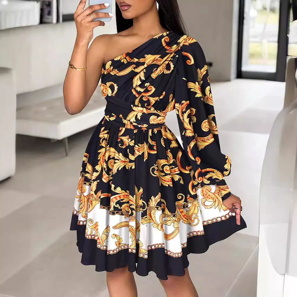 Churchf Women's Bohemian Print Diagonal Shoulder Long Sleeve Middle Dress