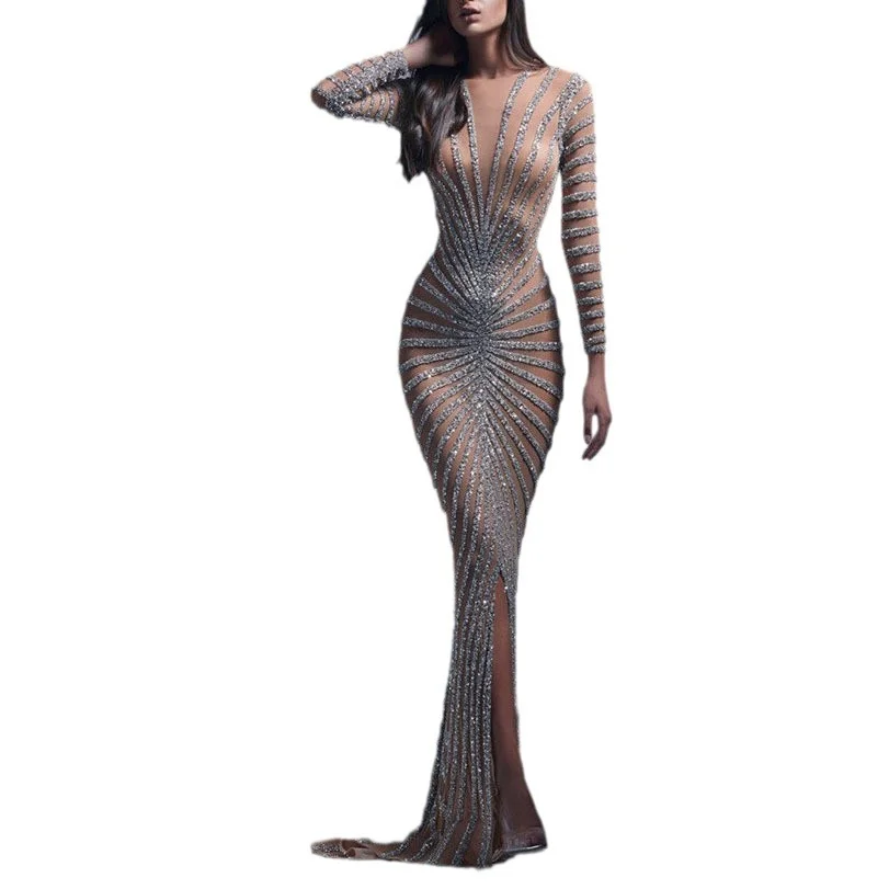 Uveng Uveng 2025 New Fashion Hot Diamond Women's Wear Mesh Perspective Long Sleeve Open Fork Dress Dress Dress
