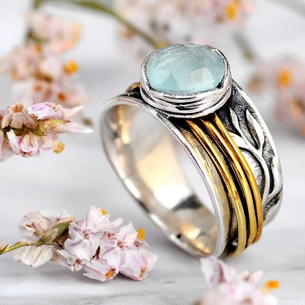 🔥 Last Day Promotion 49% OFF🎁Sterling Silver Aquamarine Leaf Meditation Spinner Ring