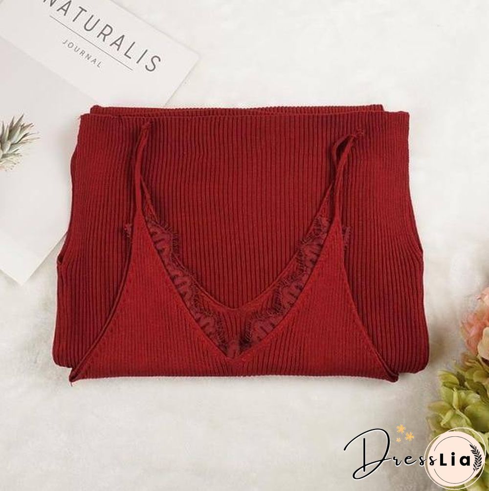 New Women Spaghetti Strap Dresses Split V-Neck Lace Patchwork Knitted Dress Ladies Sleeveless Bodycon Tank Dress Vestidos P022