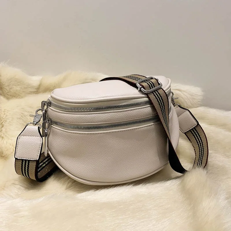 Women Crossbody Fashion Shoulder Bag Wide Strap Soft Leather Female Messenger Bag For Ladies High Quality Semicircle Saddle Bags