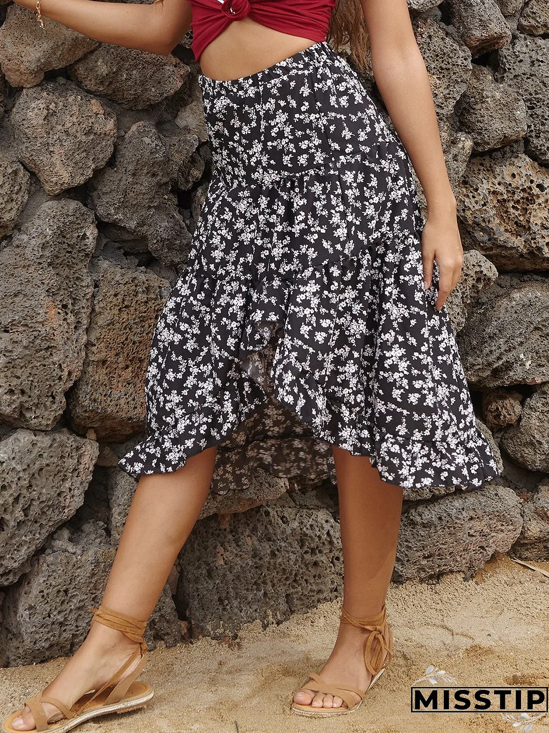 Perfee Printed Elastic Waist Skirt