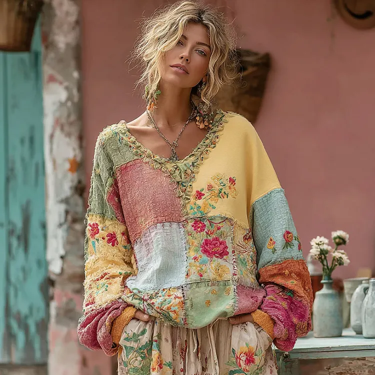 Women's Flower Embroidery Macaroon Color Patchwork Art V-neck Casual Sweatshirt