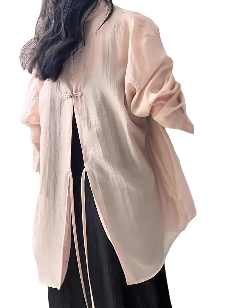 Athvotar Athvotar And Thin Tiansi Sunscreen Shirt Coat Women 2025 Summer New Back Fork Shirt National Wind Button Long-Sleeved Top