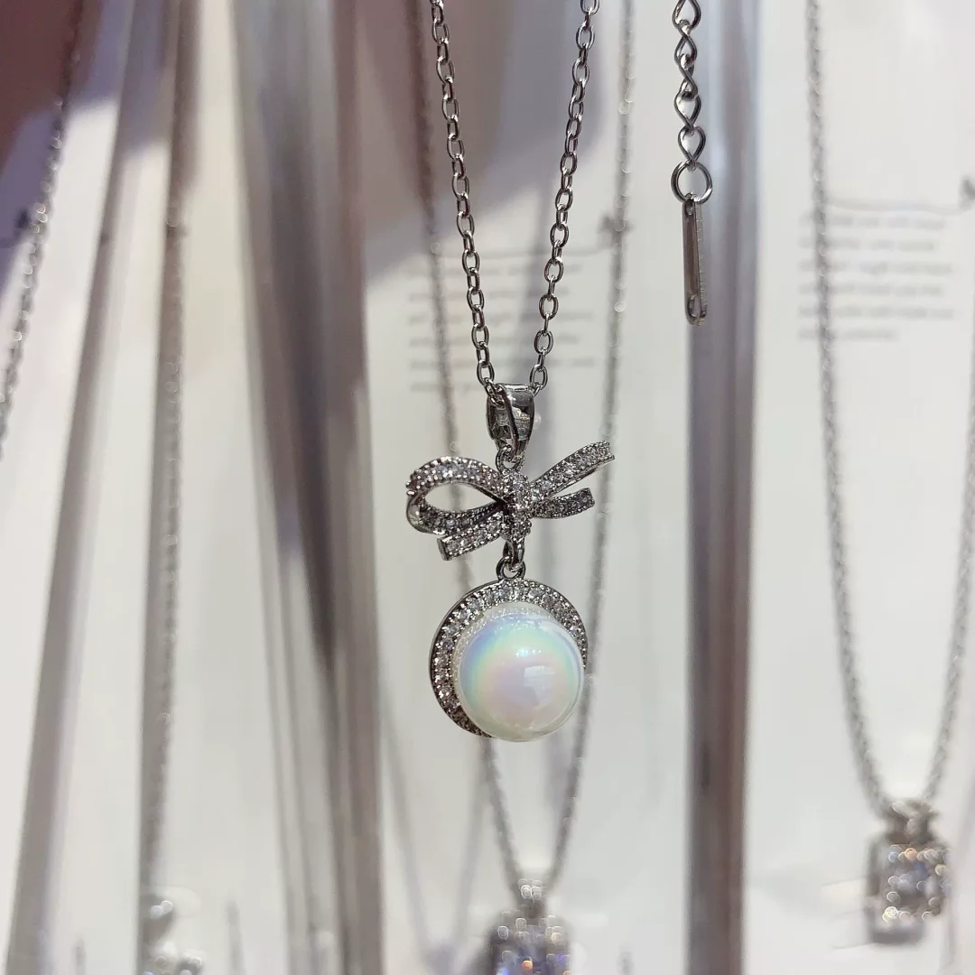 Ribbon, zircon, pearl necklace