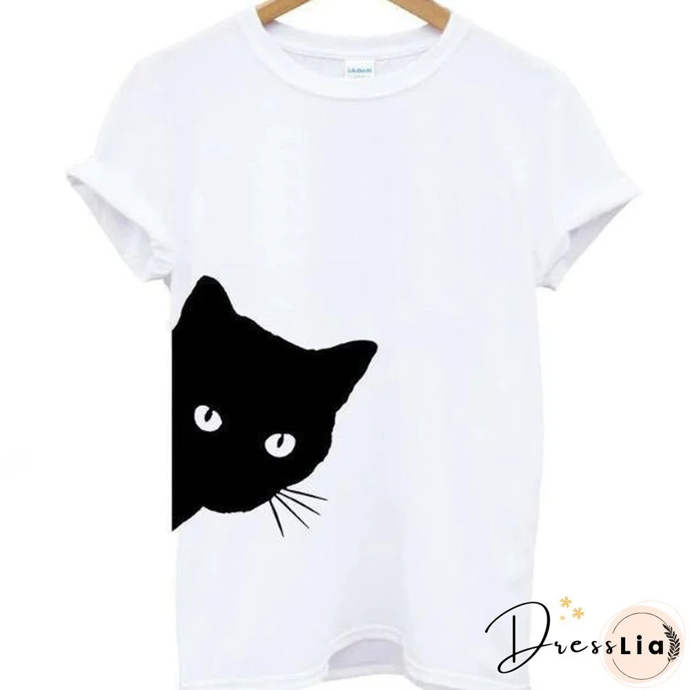 Cat Looking Print Women T-Shirt Cotton Casual Top Tee