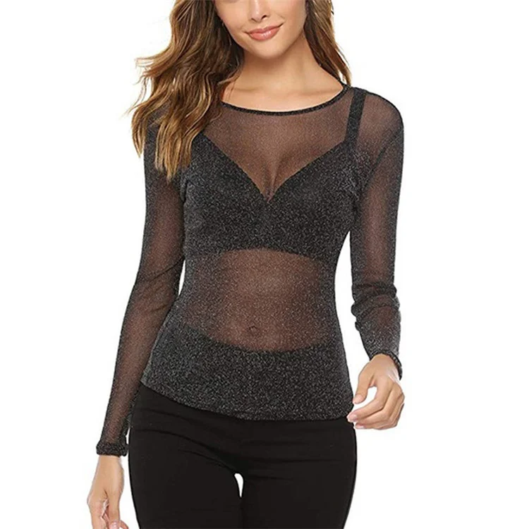 Uveng Uveng Women's High Bullet Silver Mesh Hollow-Out Long Sleeve Top Sexy Mesh Perspective Smock T-Shirt