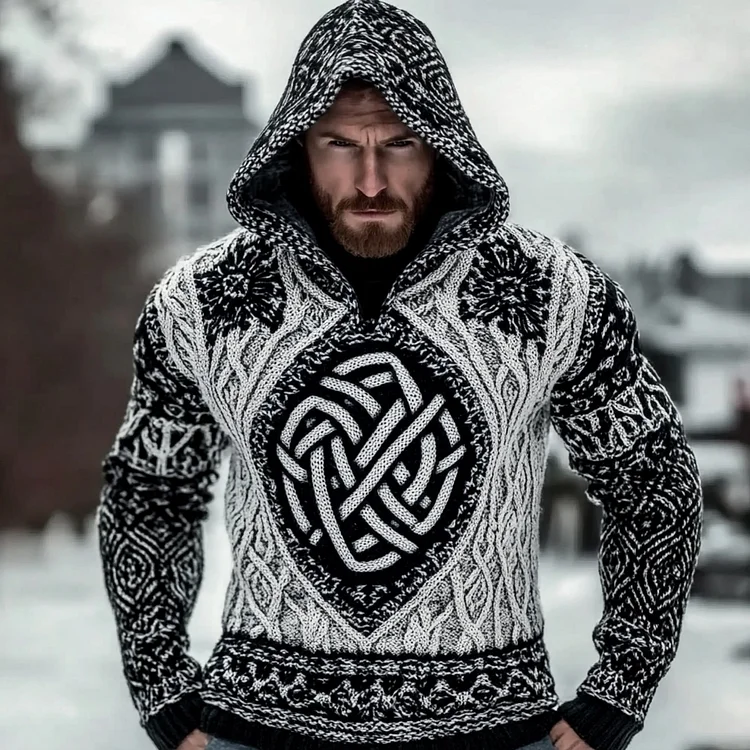 Men's Viking Jacquard Celtic Cozy Knit Hooded Sweater