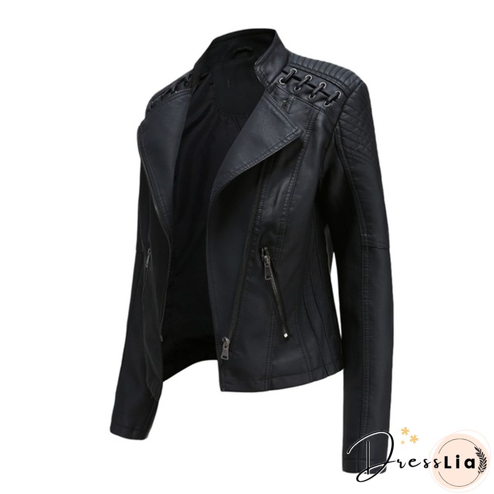 Ladies Fashion Spring and Autumn Short Slim Thin Leather Jacket Motorcycle Suit