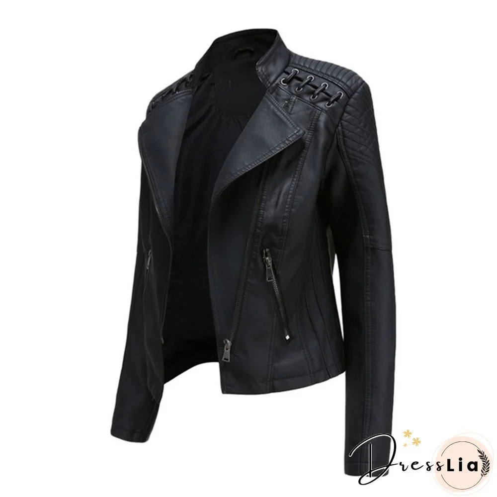 Ladies Fashion Spring and Autumn Short Slim Thin Leather Jacket Motorcycle Suit