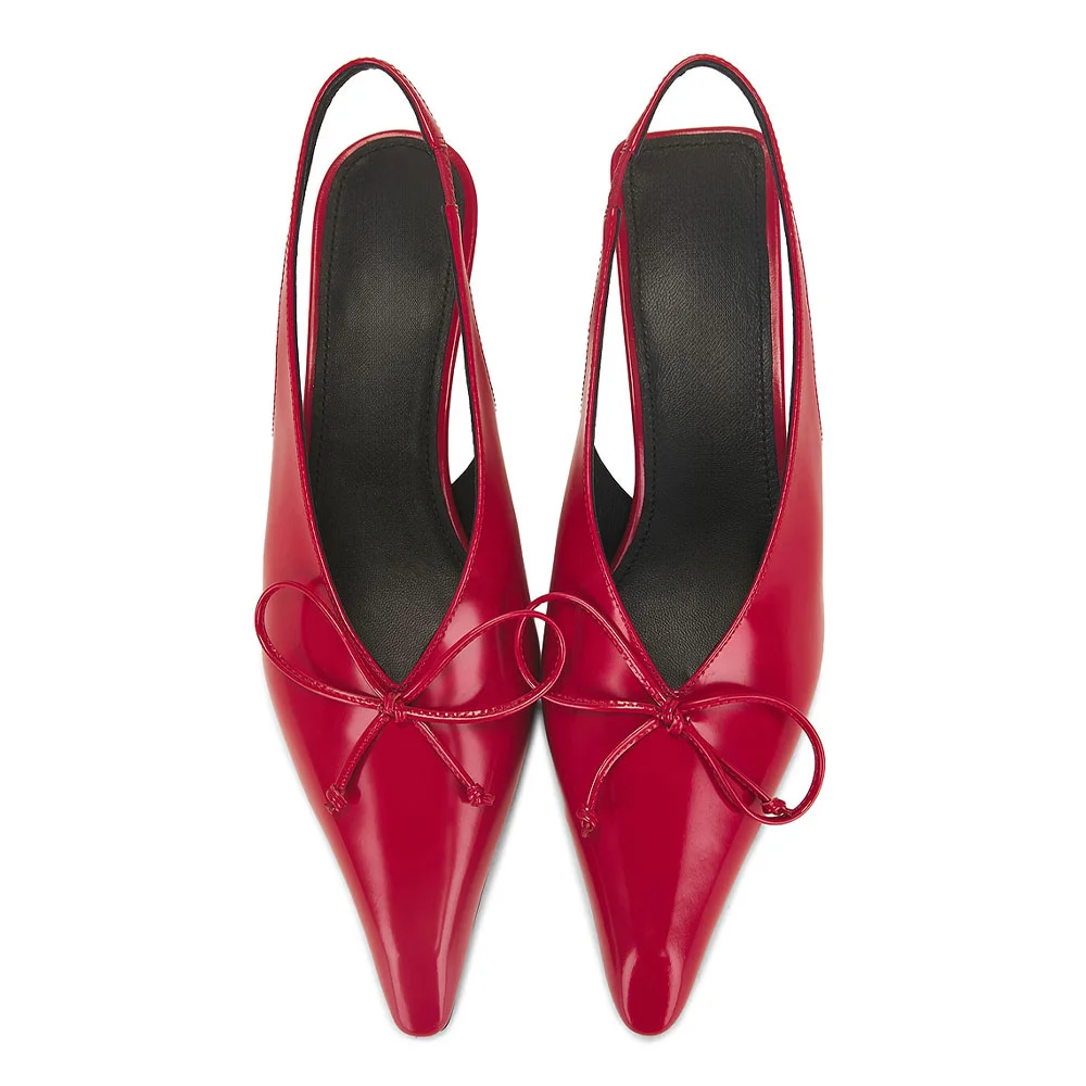 Women's Red Pointed Toe Low Kitten Heel Slingback Pumps with Bow