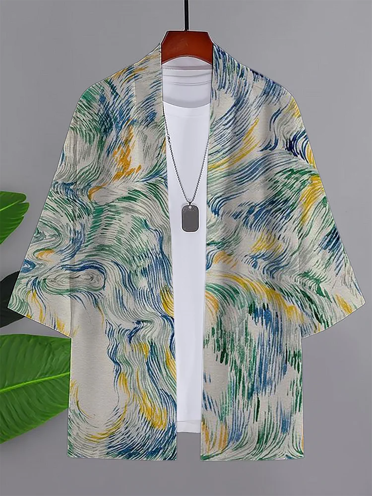 Men's Japanese Colorful Wave Print Art Print Casual Kimono Cardigan