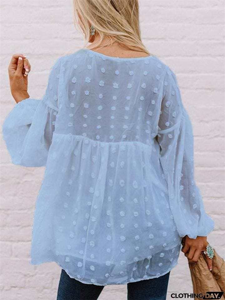 Relaxed Fit Oversized V Neck Semi Sheer Long Sleeve Swiss Dot Lightweight Blouse
