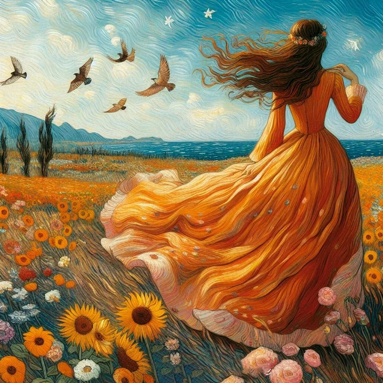 Full Round Drill Diamond Painting -Van Gogh Starry Sky Flower Girl Back - 40*40cm