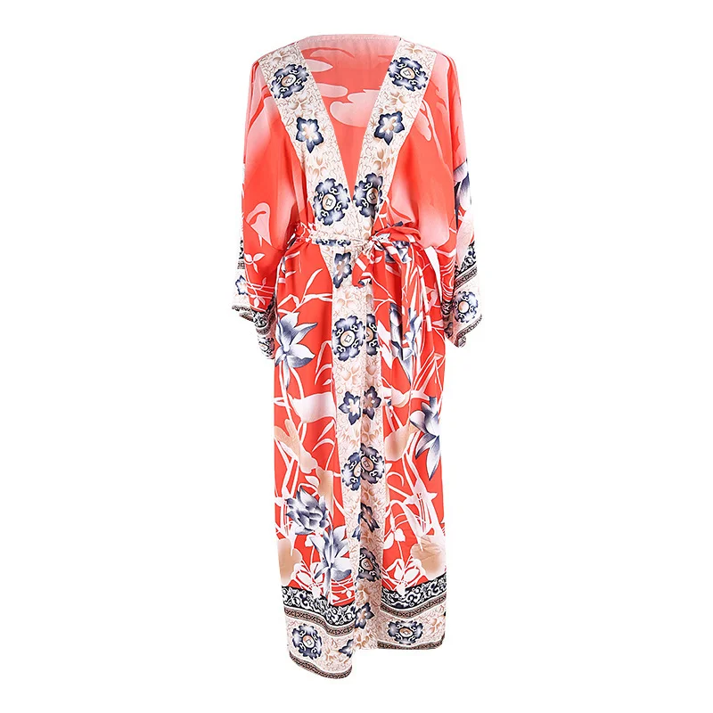 Uveng Uveng Red Crane Flower Safflower Kimono Sunscreen Cardigan Chiffon Smodie Swimsuit With Holiday Skirt Female Sand