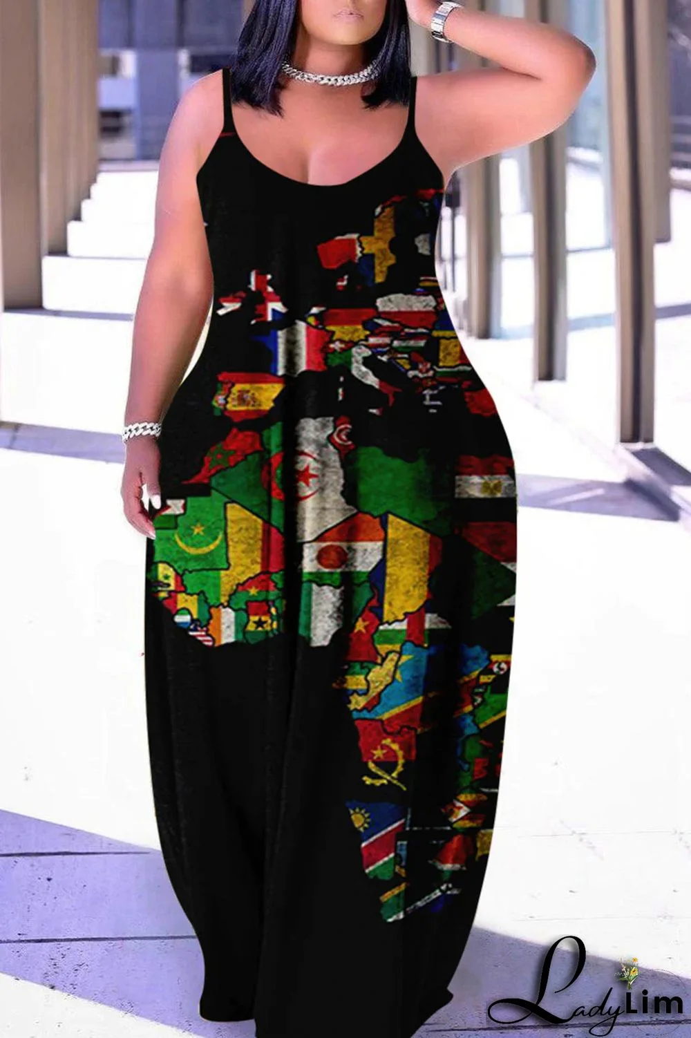 Black Red Fashion Sexy Plus Size Casual Print Backless Spaghetti Strap Long Dress