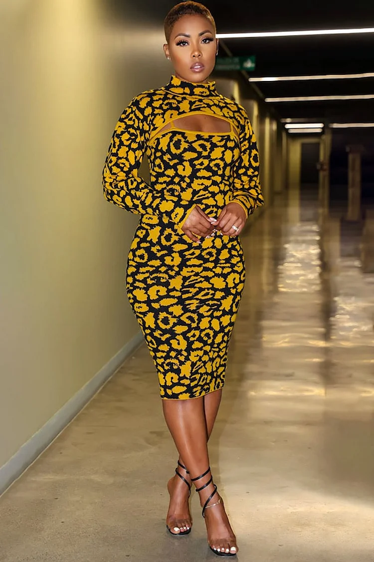 Animal Pattern Knit Stand Collar Crop Top Slip Midi Dresses Matching Set-Yellow [Pre Order]
