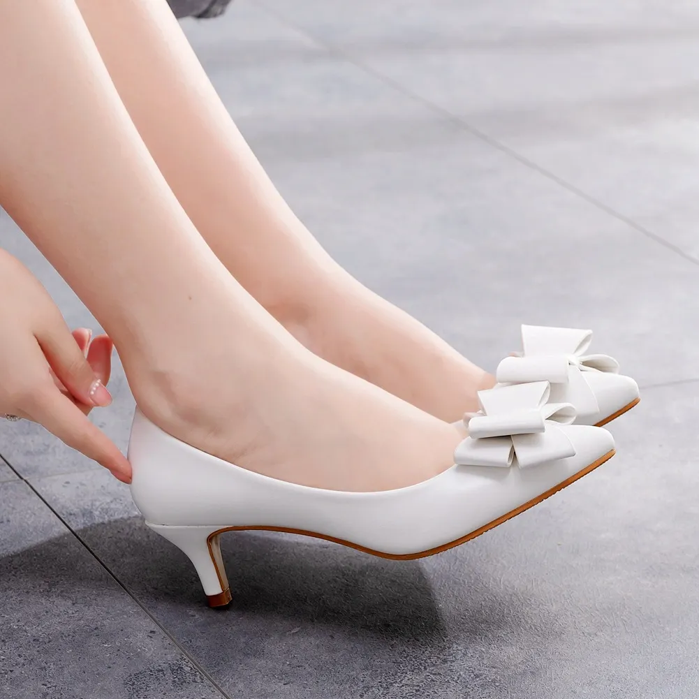 Breakj Breakj Wedding Dress Tip Single Shoe Fine Heel Single Shoe Bow Tip Shoes Large White Wedding Shoes Low Heel