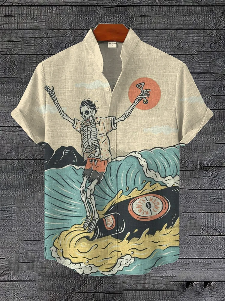 Men's Skeleton Beer Surfing Art Print Linen Blend Shirt
