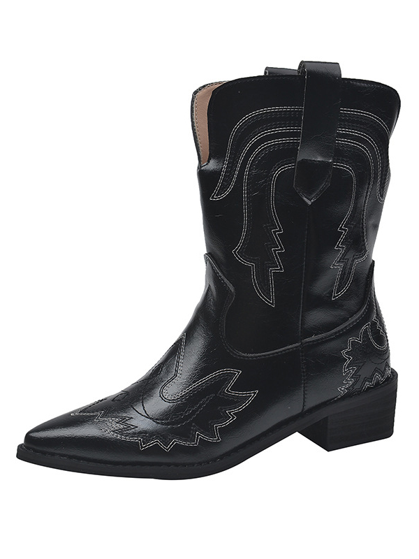 Retro Embroidered Western Cowboy Boots Pointed Toe V-neck Short Boots Thick Heel Sleeve Martin Boots