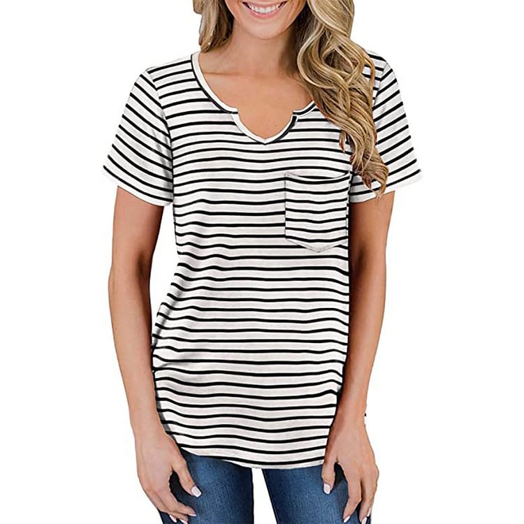 Striped Print V-neck Pocket T-shirt