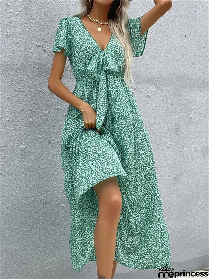 Stylish Elegant Slim Green Printed V Neck Short Sleeve Dresses