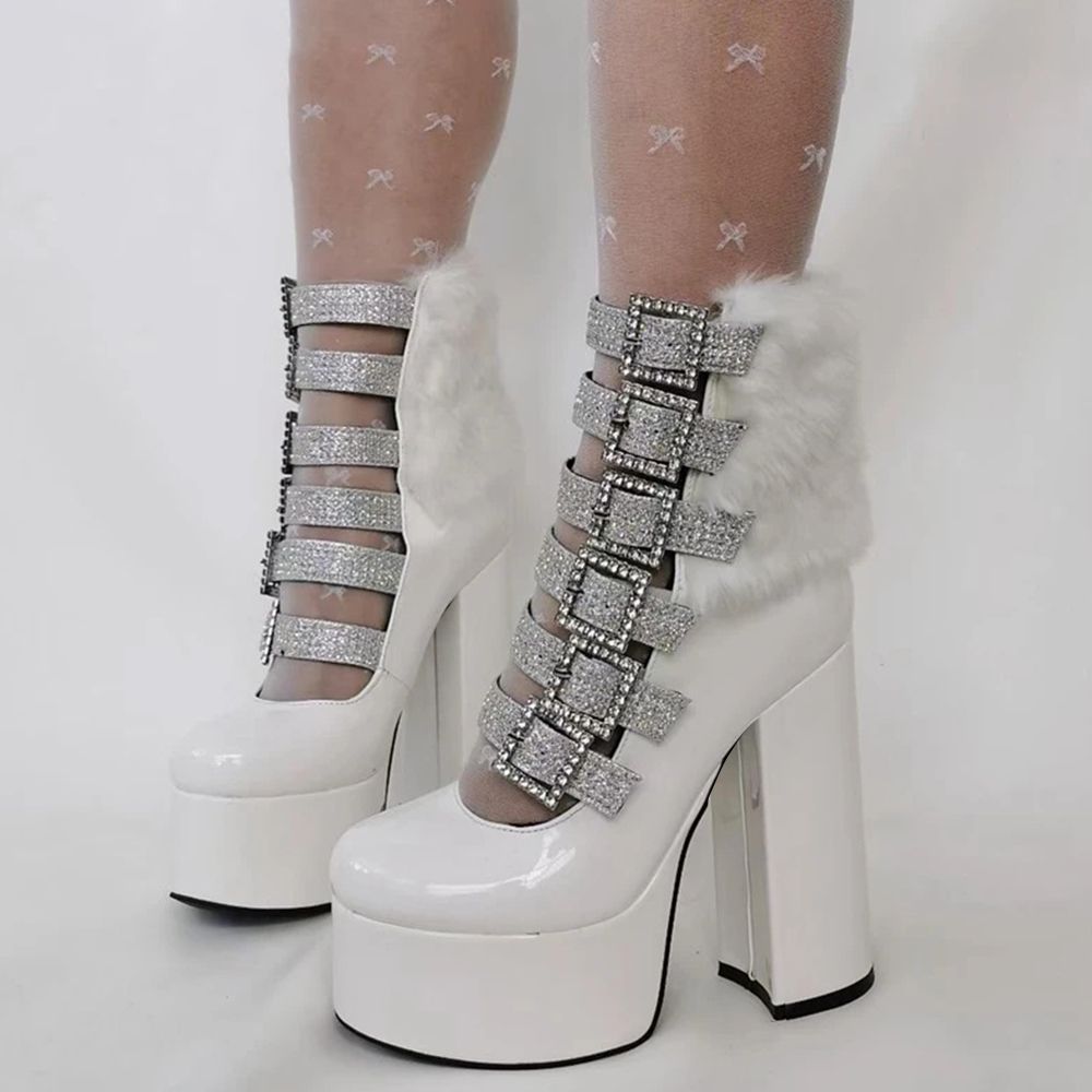White Patent Leather & Faux Fur Platform Booties with Rhinestone Nicepairs